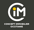 Logo Concept Immobilier Occitanie : Un cercle blanc entoure les lettres stylisées 'CiM' avec un point jaune sur le 'i'. Texte dessous.