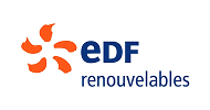 Logo EDF renouvelables, avec un motif floral ou d'éolienne orange à cinq pales à gauche, et le texte 'eDF renouvelables' en bleu.
