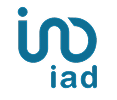 Logo bleu iad, avec un pictogramme stylisé en forme de boucle ou d'un 'i' au-dessus du nom de l'entreprise 'iad'.