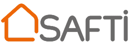 Logo SAFTI avec un contour de maison stylisé orange vif à gauche, suivi du texte majuscule gris foncé 'SAFTI'. Représente l'immobilier.